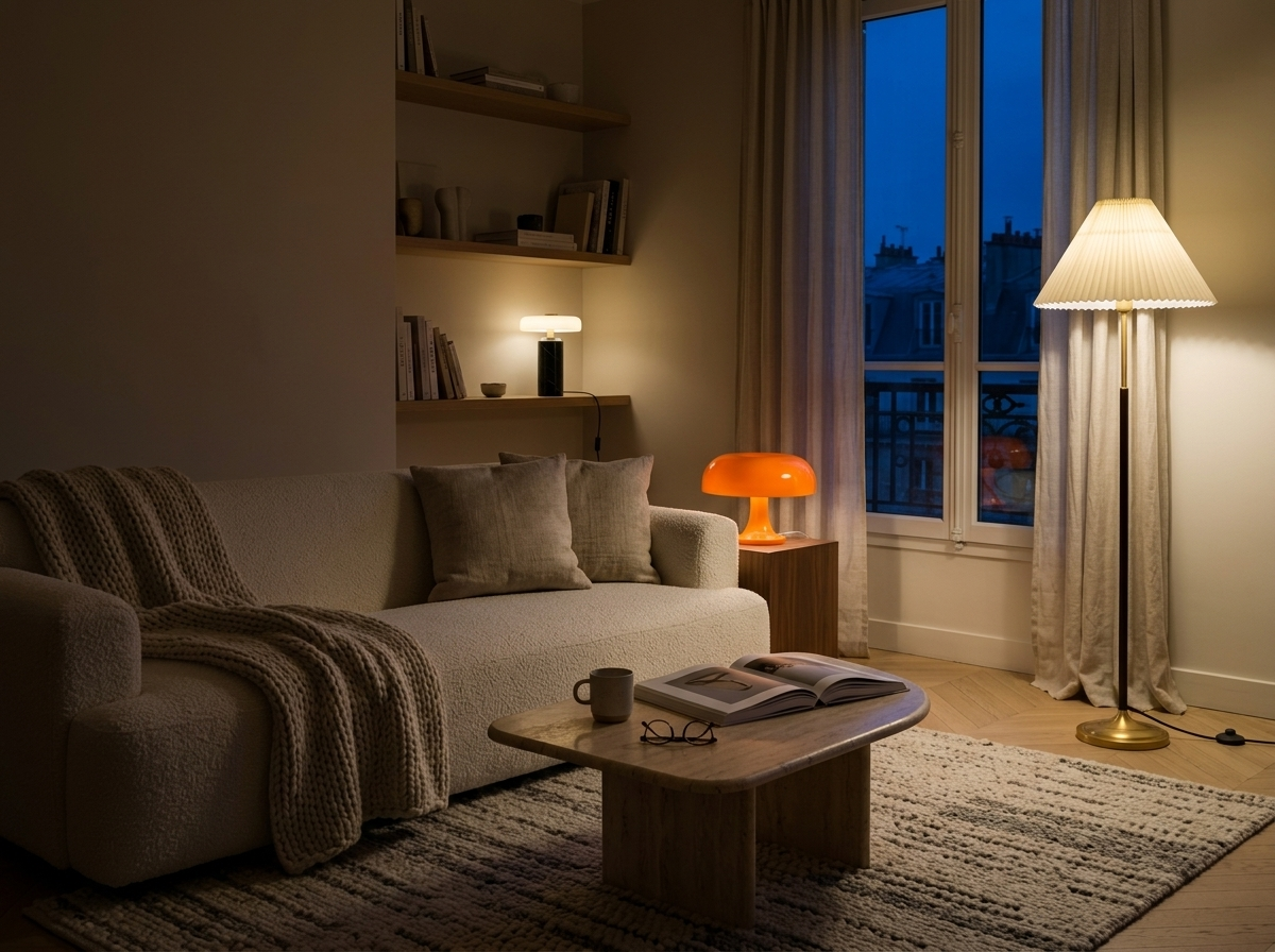 Salon cosy le soir éclairé par un lampadaire, une lampe orange et une petite lampe sur une étagère Image