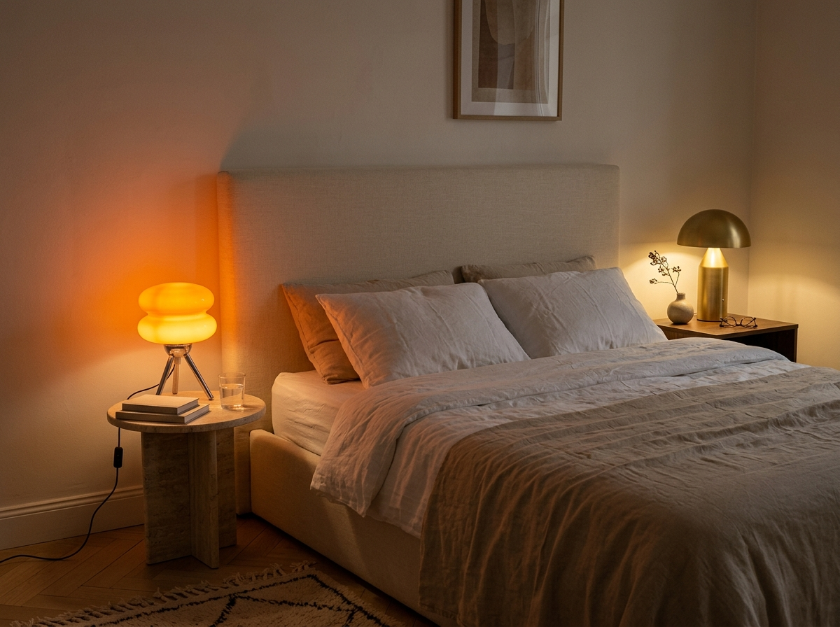 Chambre le soir avec une lampe en verre orange et une lampe champignon dorée de chaque côté du lit