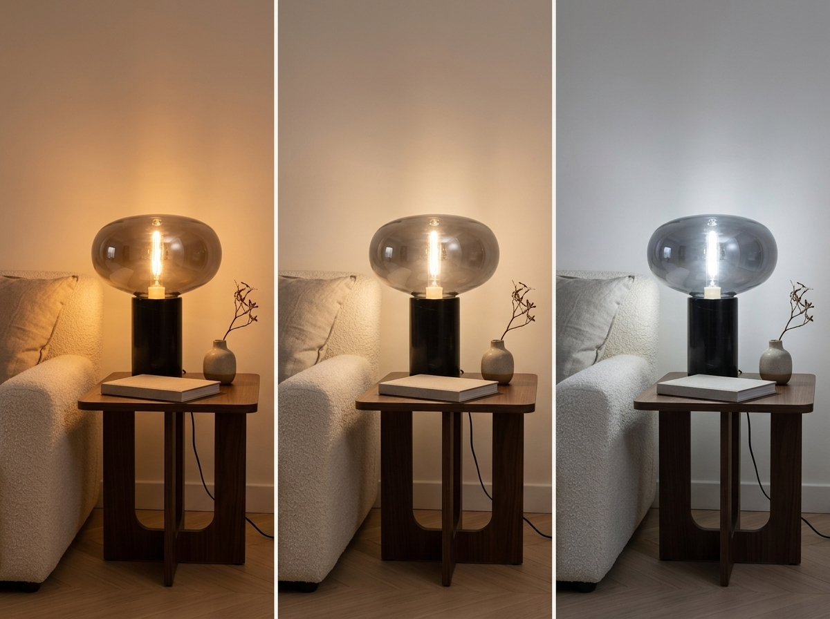 La même lampe en verre fumé éclairée en trois températures de couleur, du blanc chaud au blanc froid