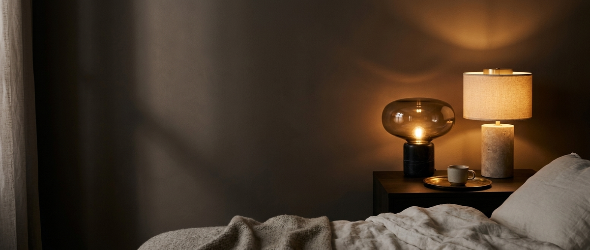 Lampes de chevet en verre fumé et en travertin allumées sur une table de nuit