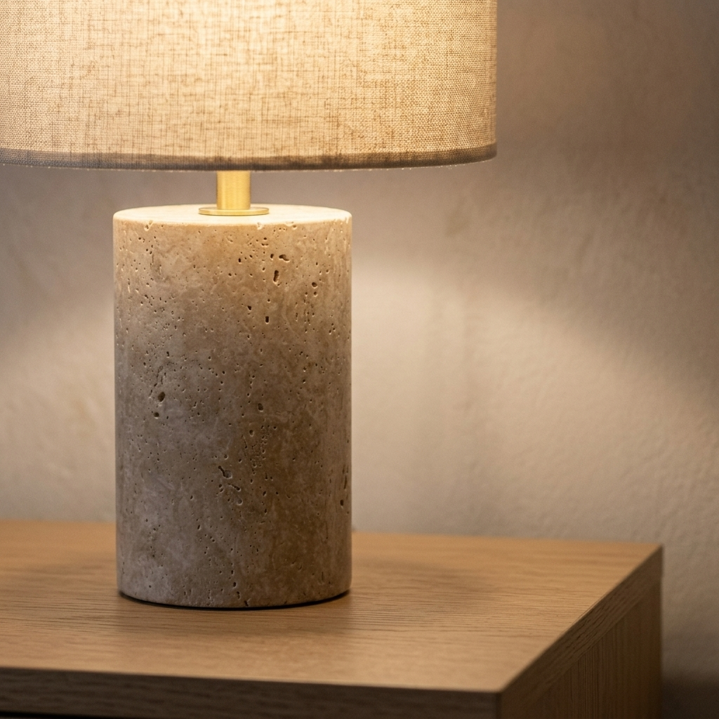 Lampe en travertin posée sur une table en bois Image