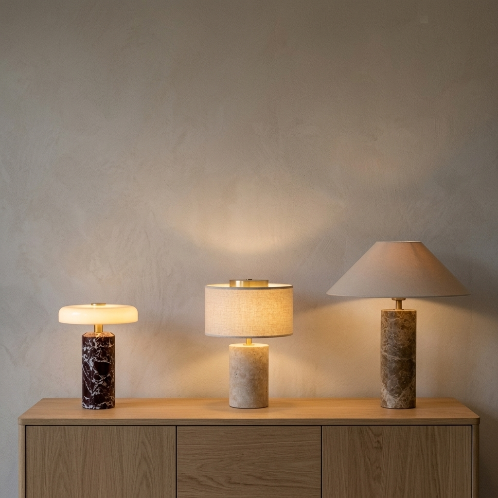 3 lampes de lampe de collection posées sur un meuble en bois Image