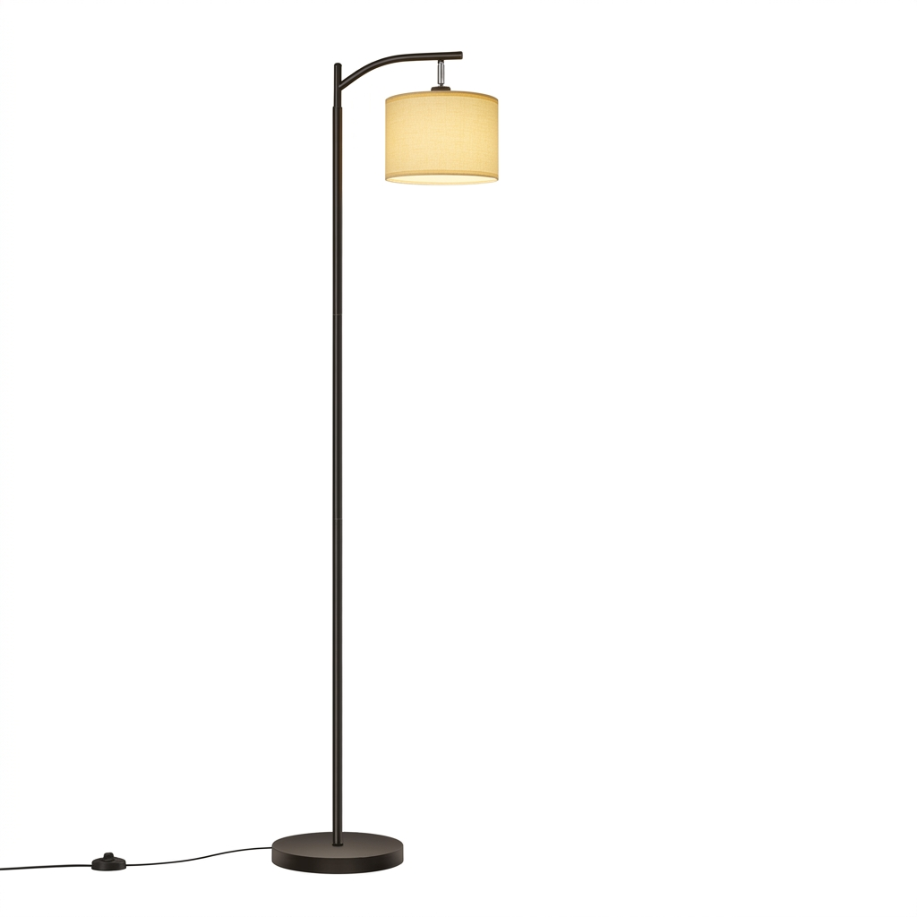 Lampadaire liseuse en métal noir avec abat-jour en tissu effet lin, sur fond blanc