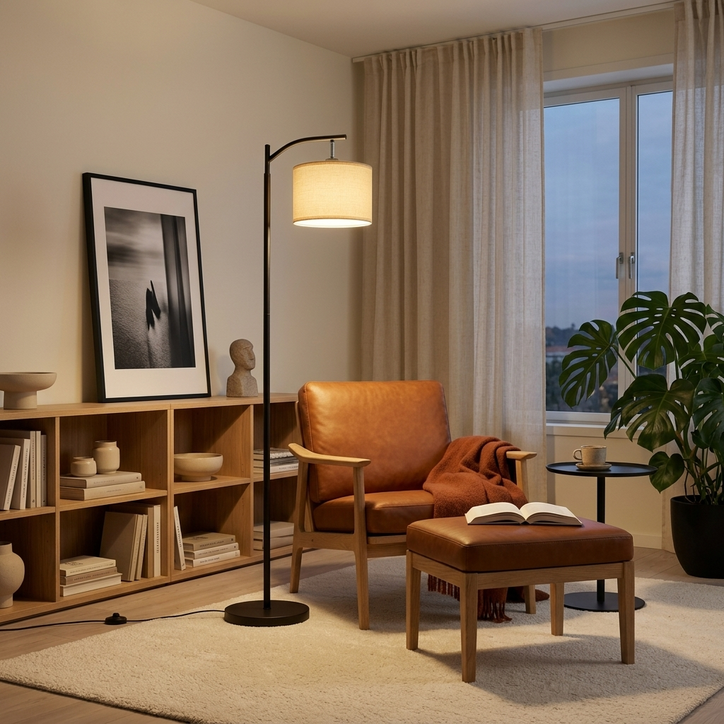 Lampadaire liseuse noir allumé au-dessus d'un fauteuil en cuir cognac, dans un coin lecture
