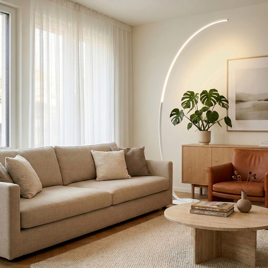 Lampadaire arc LED blanc allumé derrière un canapé en lin beige, près d'une fenêtre
