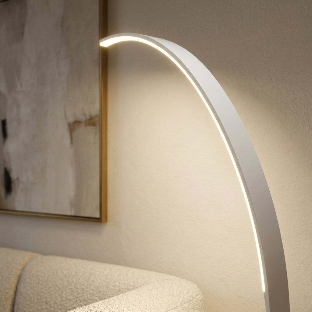 Détail de la ligne LED allumée le long de l'arc en aluminium blanc d'un lampadaire