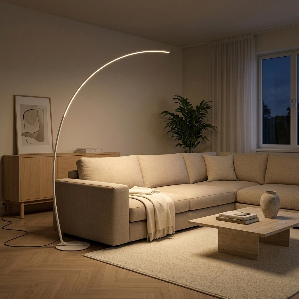 Lampadaire arc LED blanc allumé au-dessus d'un canapé d'angle beige