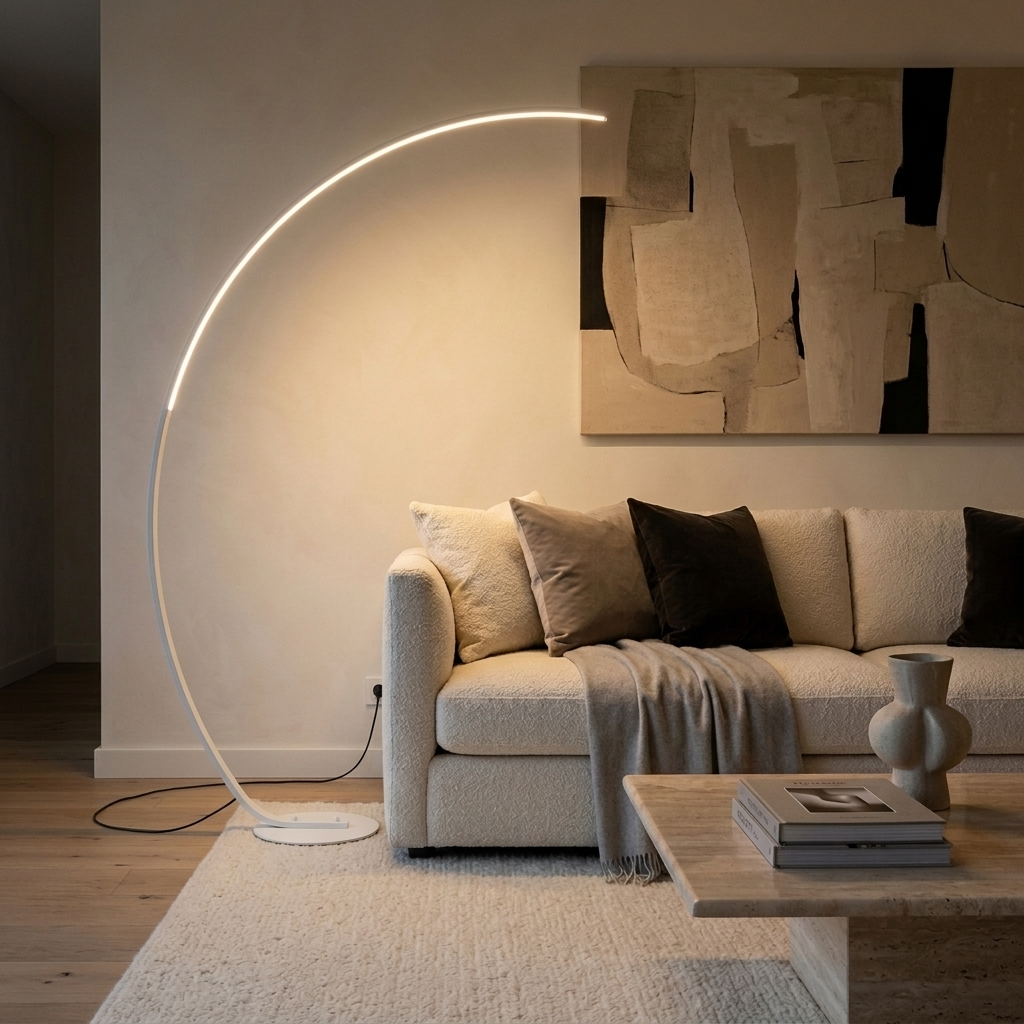Lampadaire arc LED blanc allumé encadrant un canapé ivoire et un tableau abstrait