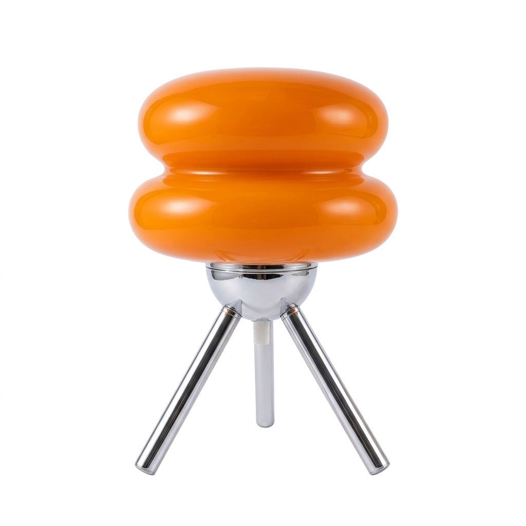 Lampe de chevet Clémentine à double globe en verre orange sur trépied chromé, sur fond blanc