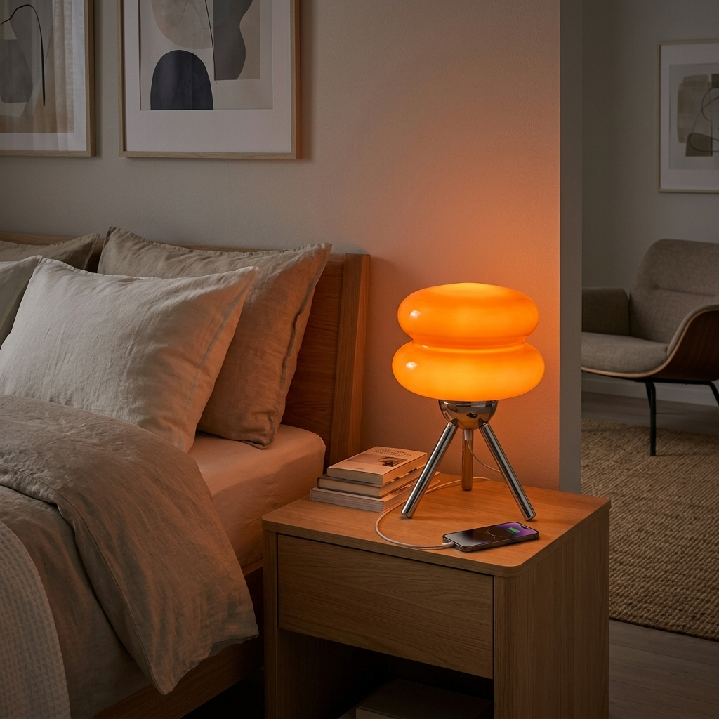 Lampe à double globe en verre orange allumée sur une table de nuit en bois, à côté d'un lit