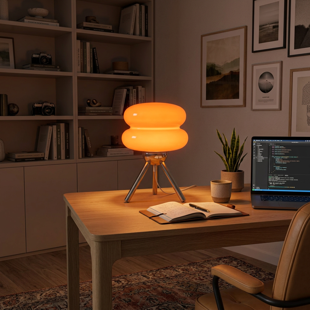 Lampe à double globe en verre orange allumée sur un bureau en bois, à côté d'un carnet ouvert