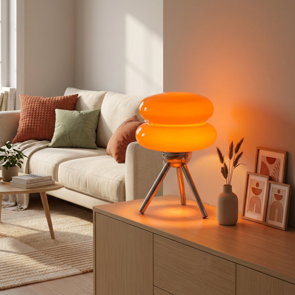 Lampe à double globe en verre orange allumée sur un buffet en bois, dans un salon