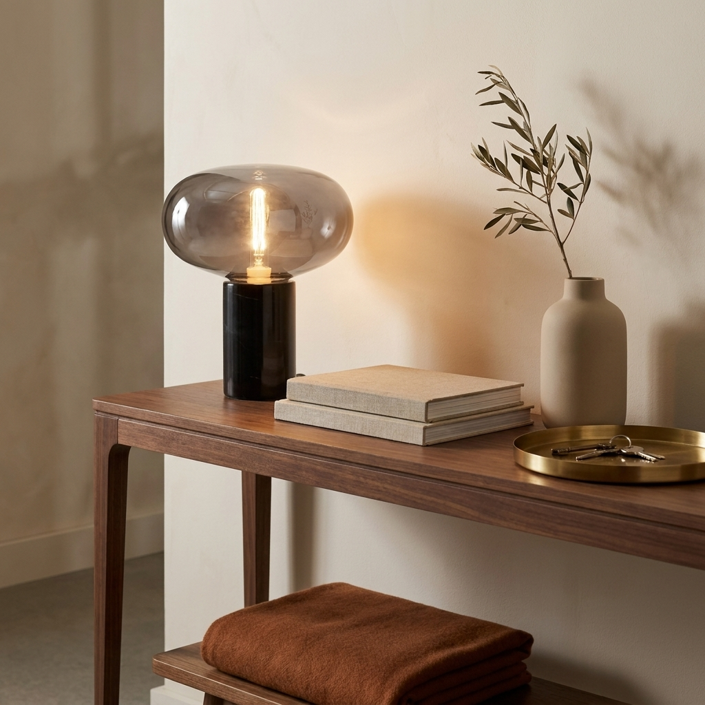 Lampe de table en marbre noir et verre fumé allumée sur une console d'entrée en noyer, contre un mur ivoire
