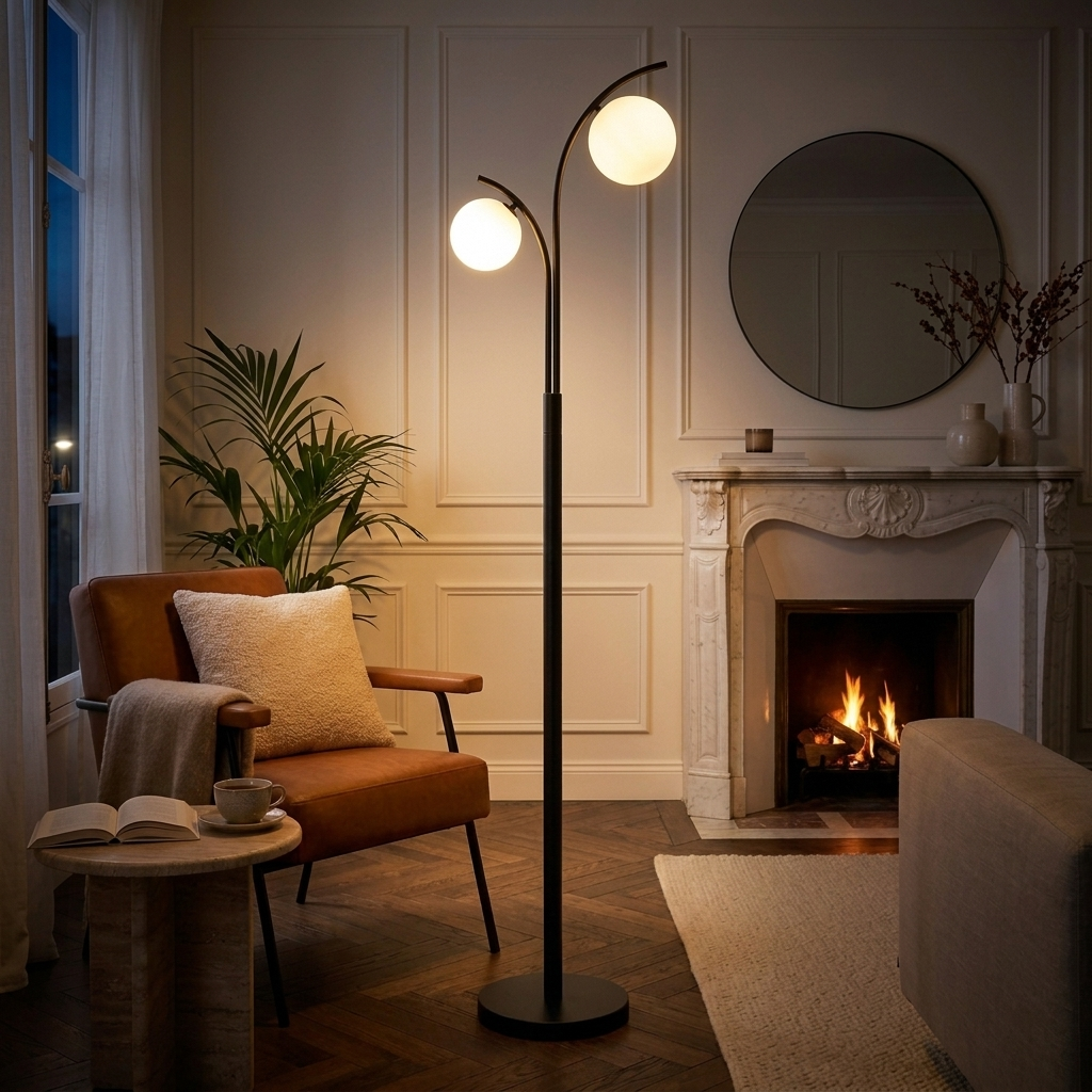 Lampadaire à 2 globes blancs allumé entre un fauteuil en cuir cognac et une cheminée en marbre
