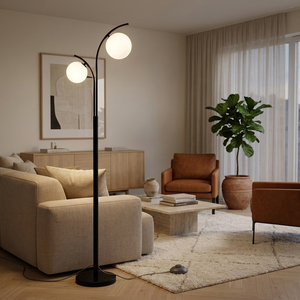 Lampadaire à 2 globes blancs allumé à côté d'un fauteuil en cuir cognac