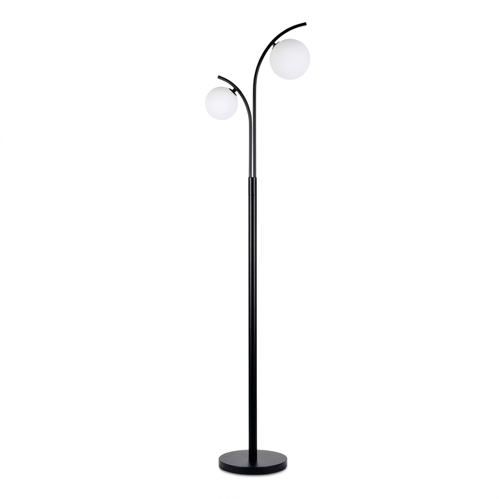 Lampadaire en métal noir mat à 2 globes blancs, sur fond blanc
