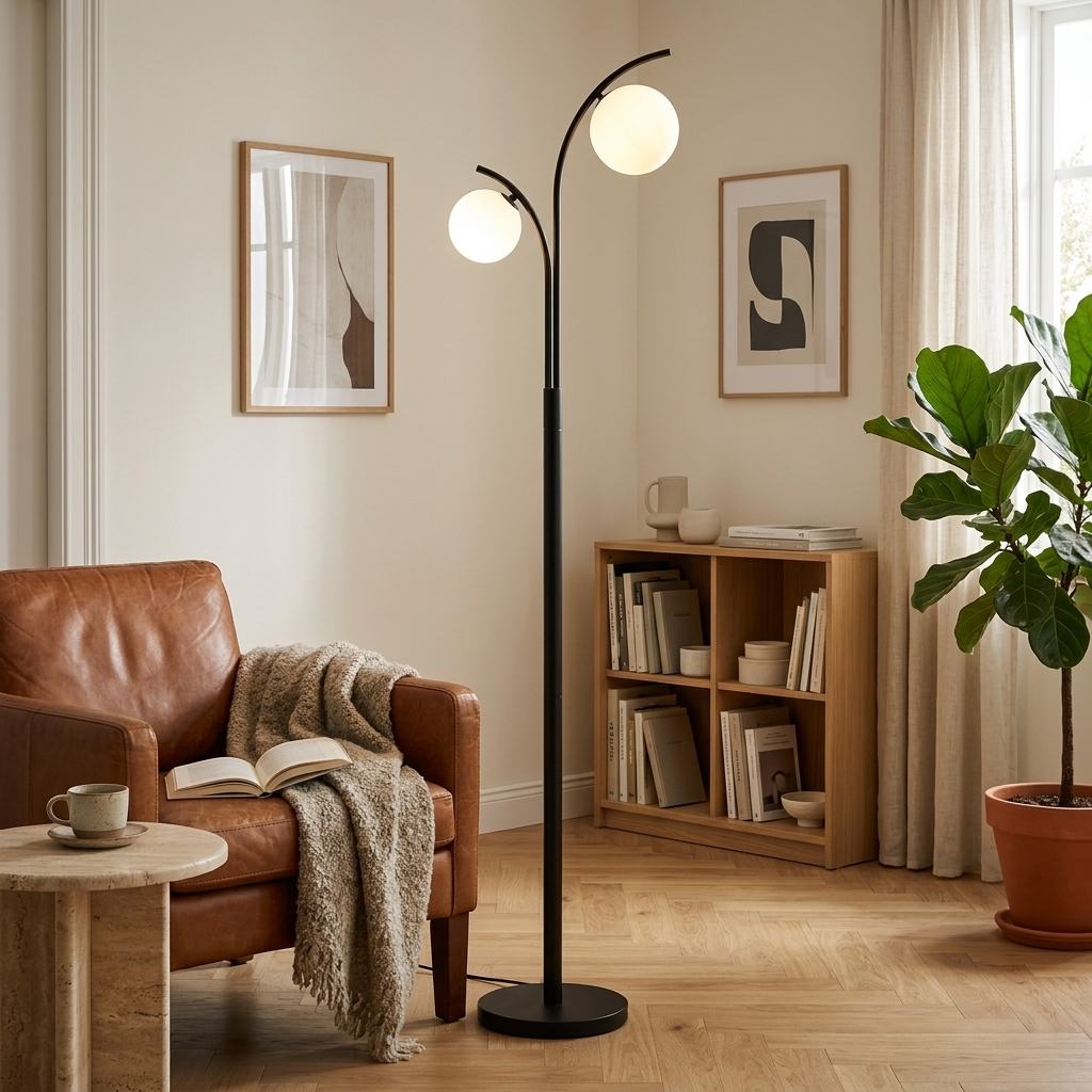 Lampadaire à 2 globes blancs allumé au bout d'un canapé d'angle en lin beige