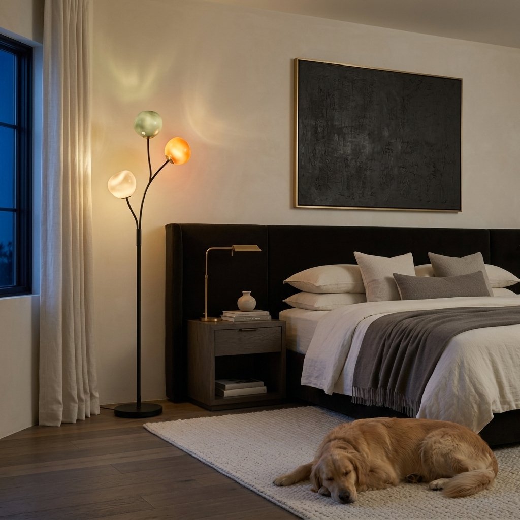 Lampadaire à 3 globes en verre coloré allumé la nuit à côté d'un lit à tête de lit en velours noir