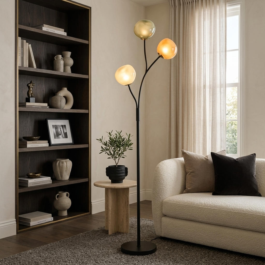 Lampadaire à 3 globes en verre coloré allumé entre une bibliothèque en chêne fumé et un canapé bouclette ivoire