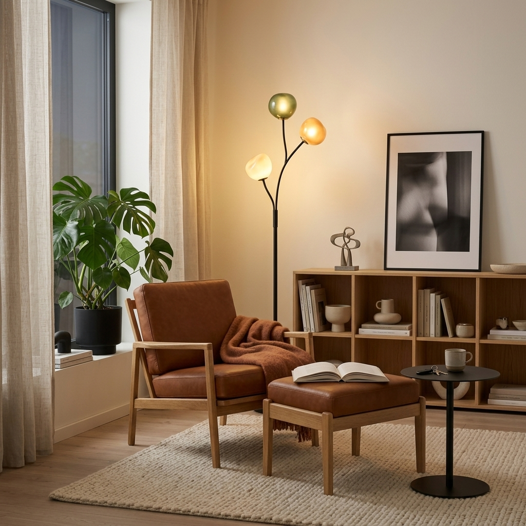 Lampadaire à 3 globes en verre coloré allumé à côté d'un canapé bouclette ivoire dans un salon moderne
