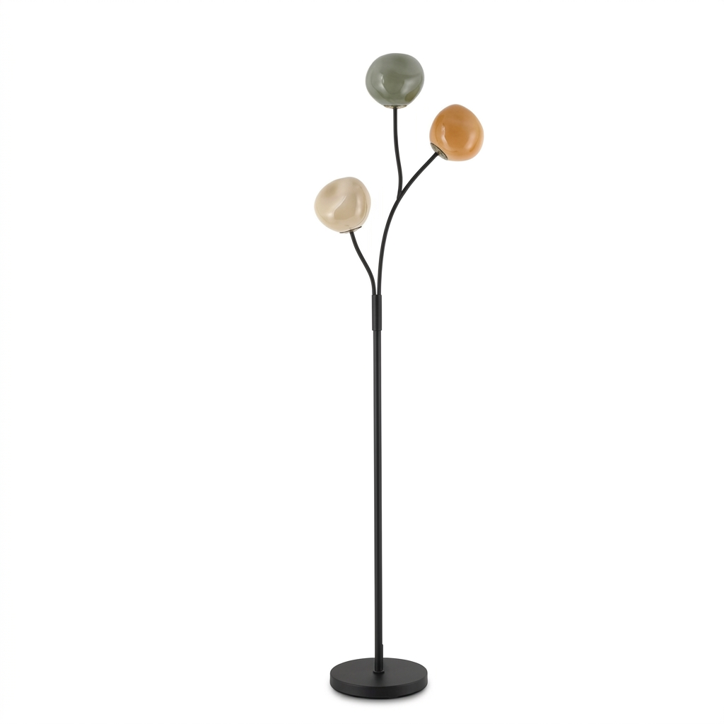 Lampadaire en métal noir à 3 globes en verre beige, orange et vert, sur fond blanc