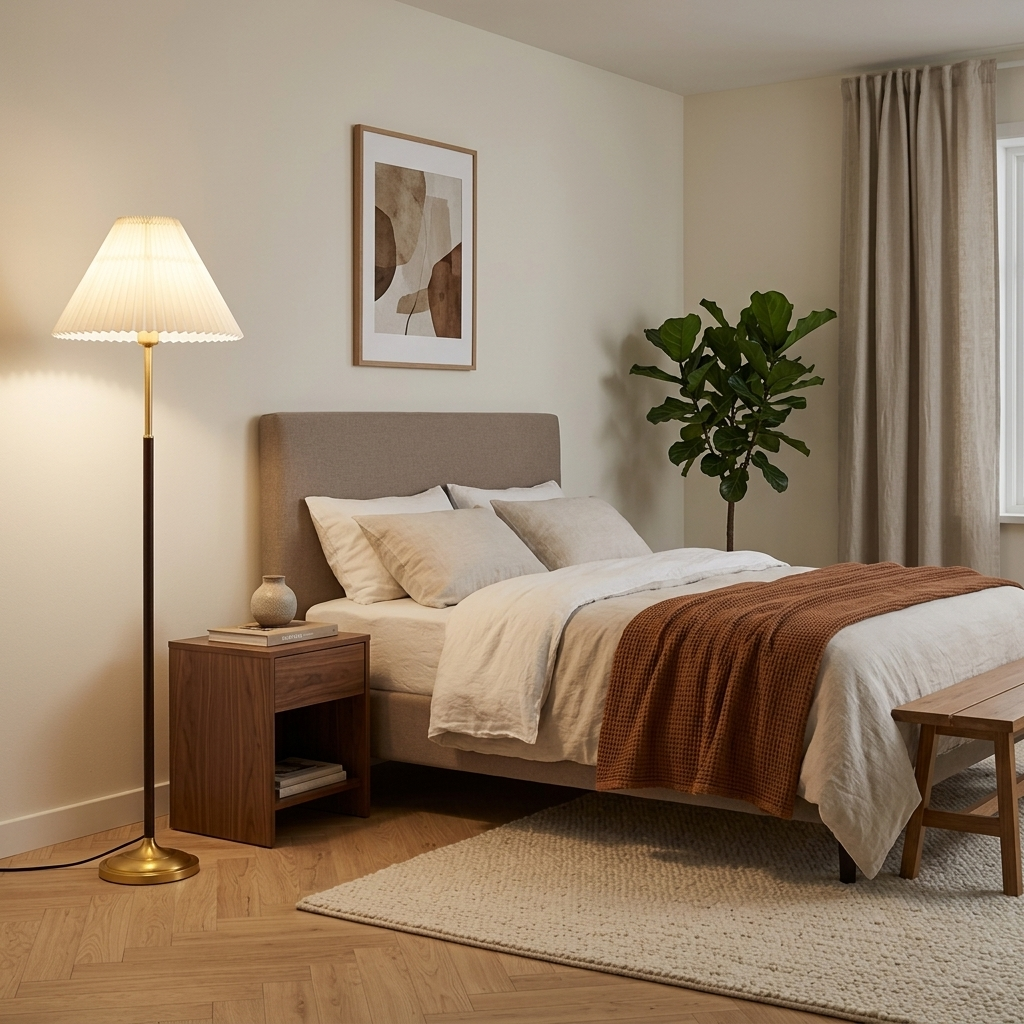 Lampadaire à abat-jour plissé allumé à côté d'un lit à tête de lit taupe