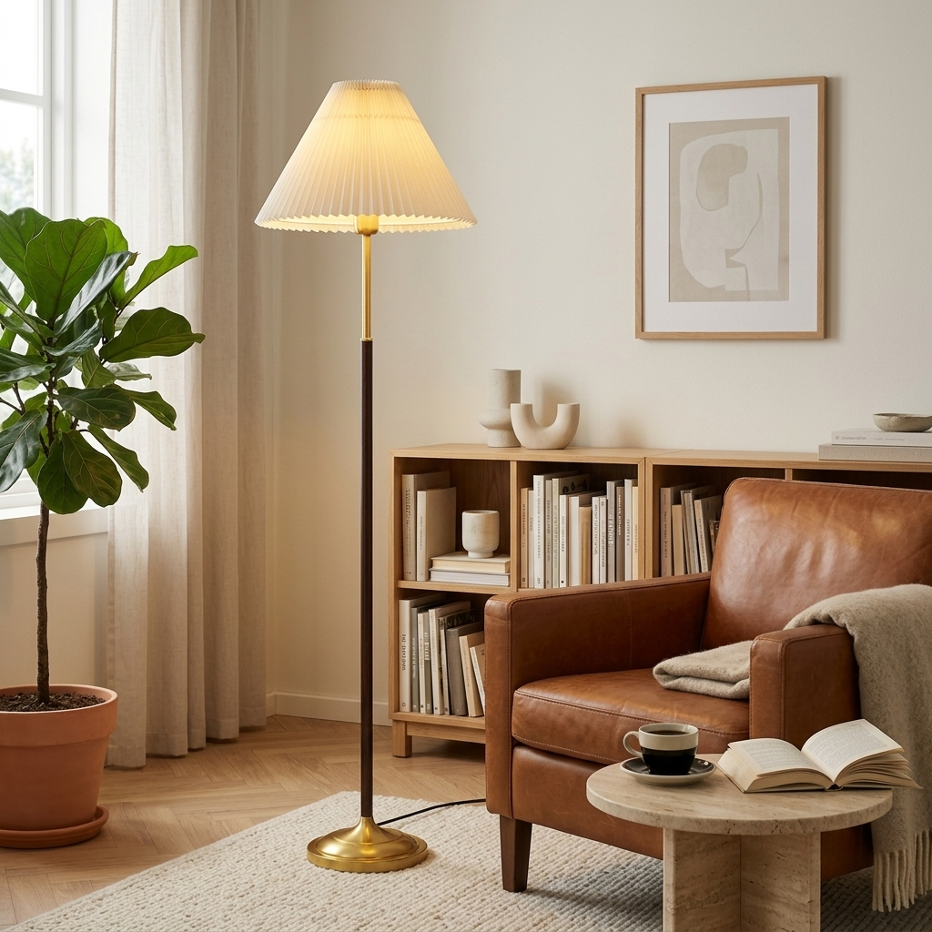 Lampadaire à abat-jour plissé allumé à côté d'un fauteuil en cuir cognac