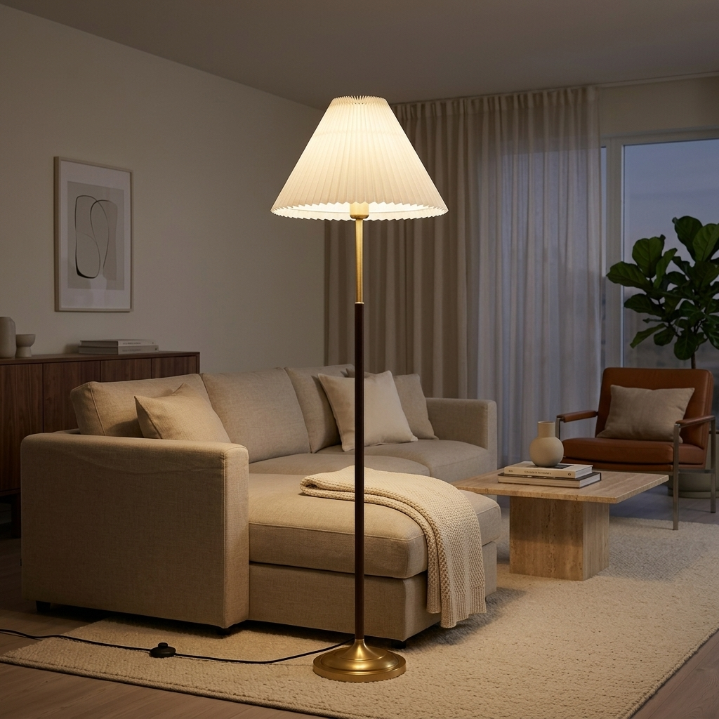 Lampadaire à abat-jour plissé allumé au bout d'un canapé d'angle en lin beige