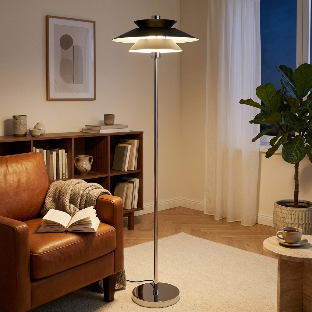 Lampadaire à abat-jour superposé noir allumé à côté d'un fauteuil en cuir cognac