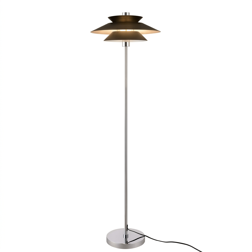 Lampadaire à abat-jour superposé en métal noir et pied chromé, sur fond blanc