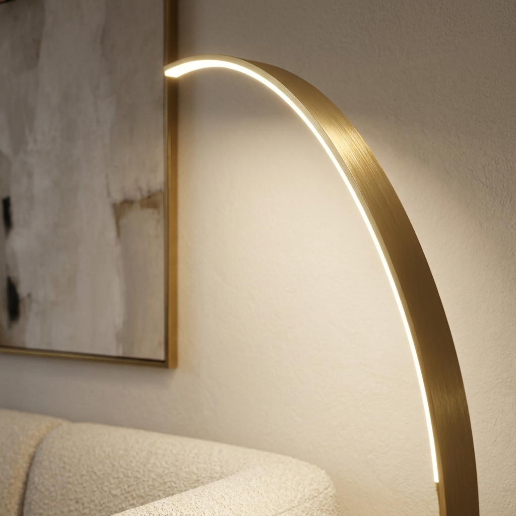 Détail de la ligne LED allumée le long de l'arc en aluminium doré d'un lampadaire