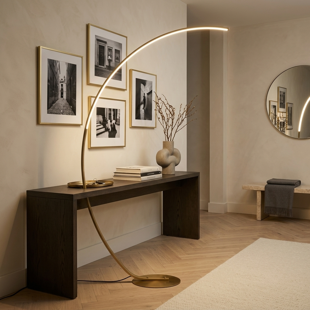 Lampadaire arc LED doré allumé au-dessus d'une console en chêne fumé dans une entrée
