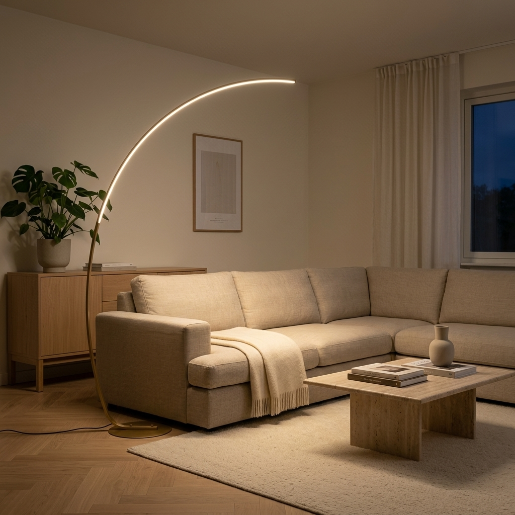 Lampadaire arc LED doré allumé la nuit dans un salon à grandes baies vitrées