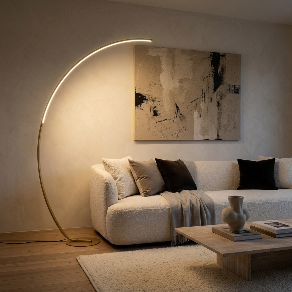 Lampadaire arc LED doré allumé au-dessus d'un canapé bouclette ivoire dans un salon luxueux