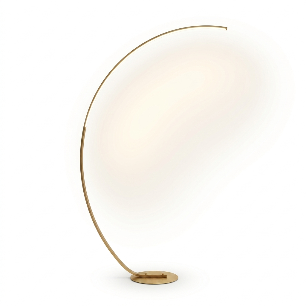 Lampadaire arc LED en aluminium doré, sur fond blanc