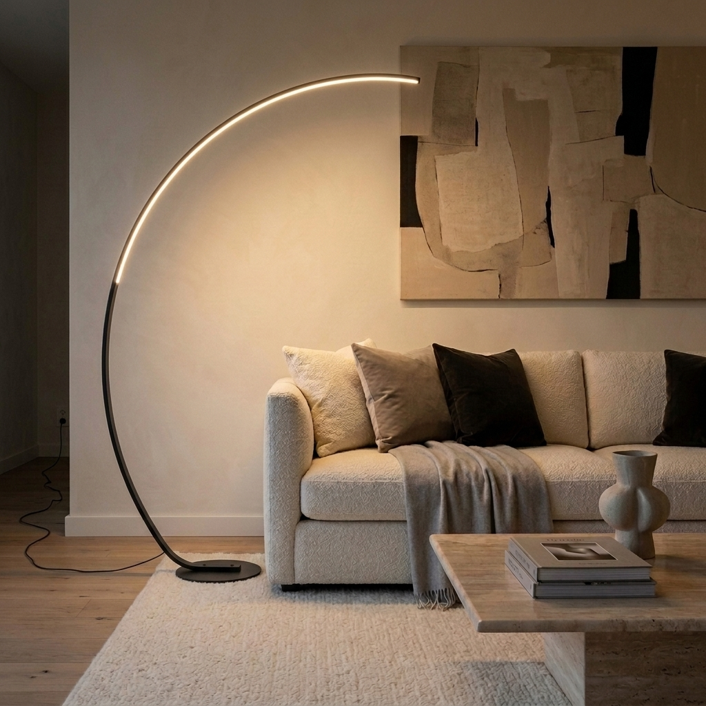 Lampadaire arc LED noir allumé encadrant un canapé bouclette ivoire et un tableau abstrait