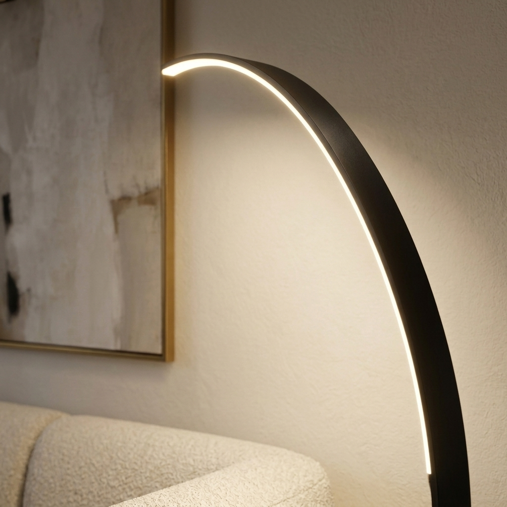 Détail de la ligne LED allumée le long de l'arc en aluminium noir d'un lampadaire