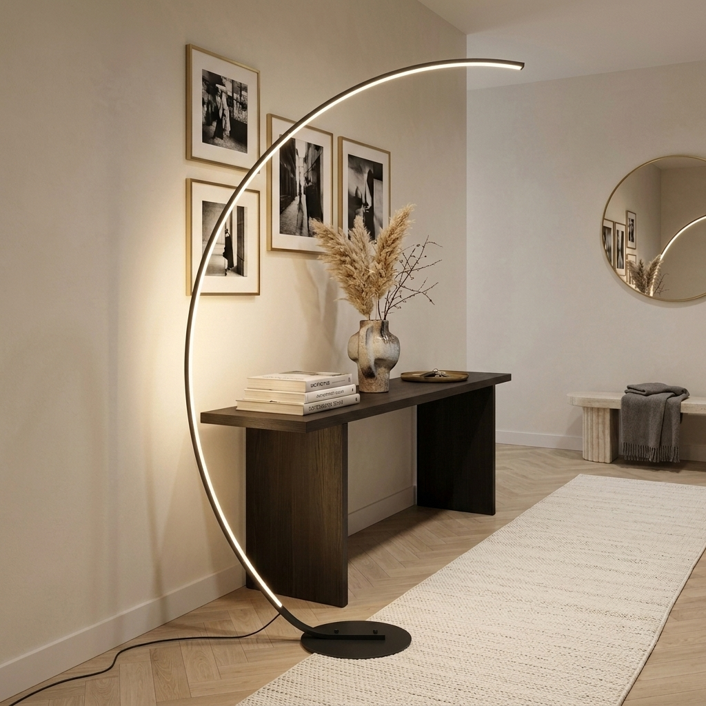 Lampadaire arc LED noir allumé au-dessus d'une console en chêne fumé dans une entrée
