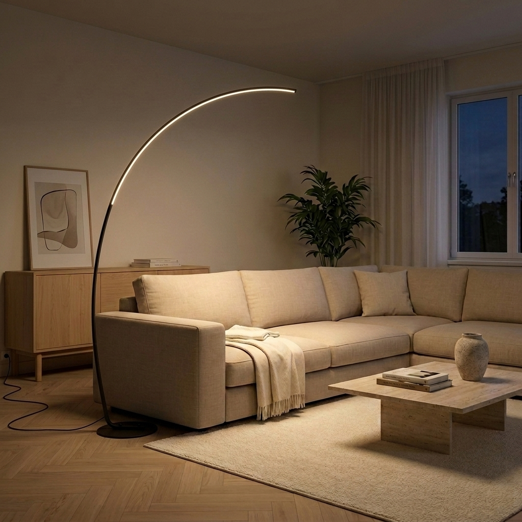 Lampadaire arc LED noir allumé la nuit dans un salon à grandes baies vitrées