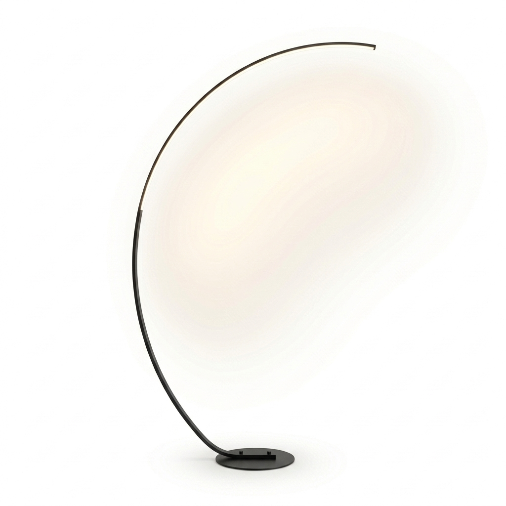 Lampadaire arc LED en aluminium noir, sur fond blanc