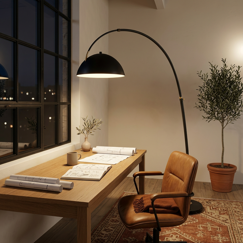 Lampadaire arc noir allumé au-dessus d'un bureau en chêne massif dans un loft à grande verrière