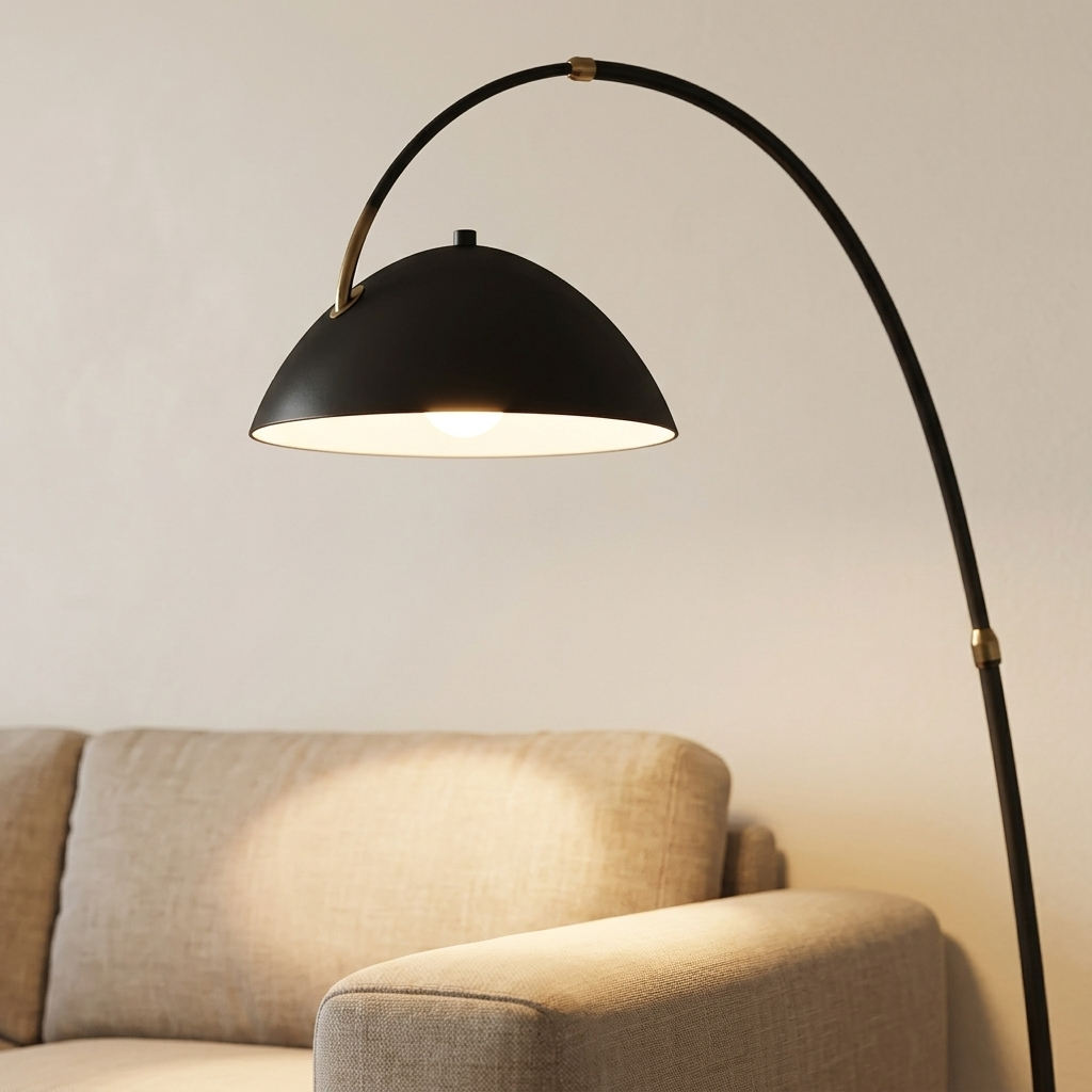 Lampadaire arc noir allumé au-dessus d'un fauteuil en cuir caramel devant une bibliothèque en noyer