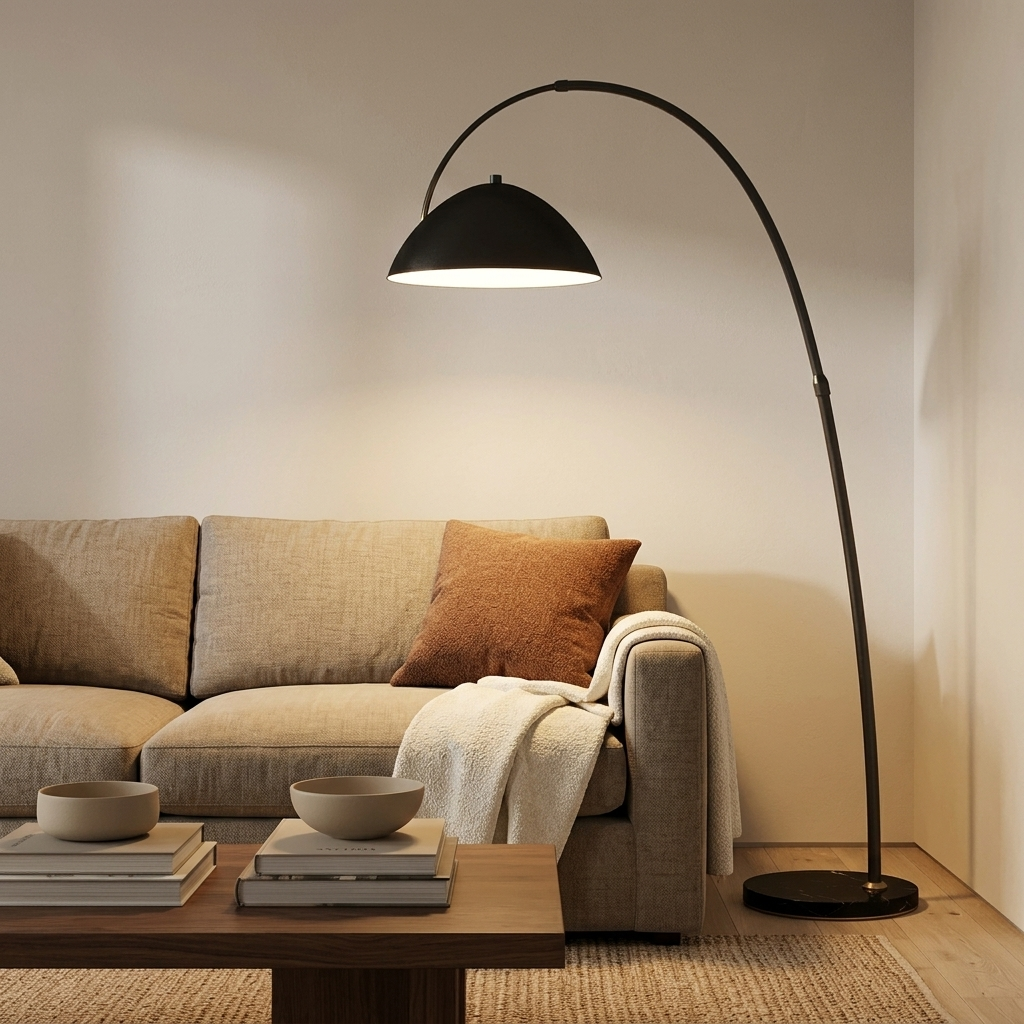 Lampadaire arc noir allumé au-dessus d'un canapé en lin beige dans un salon aux murs ivoire