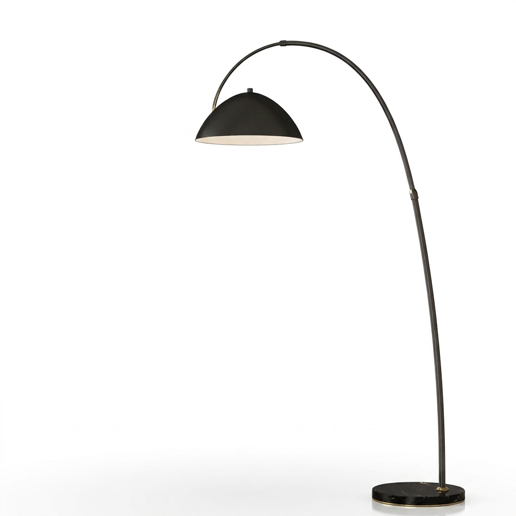 Lampadaire arc en aluminium noir avec abat-jour en métal, sur fond blanc