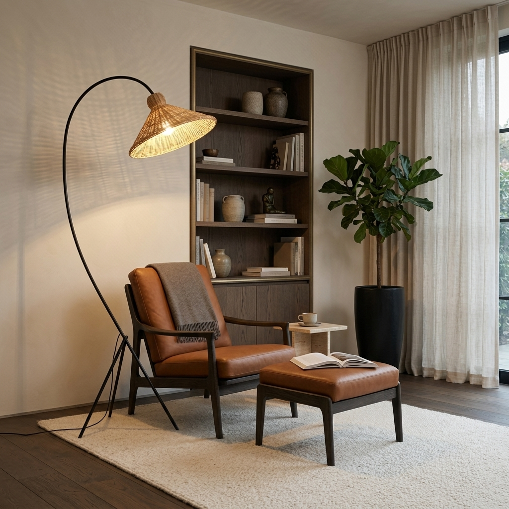 Lampadaire en rotin allumé au-dessus d'un fauteuil en cuir cognac devant une bibliothèque en chêne fumé