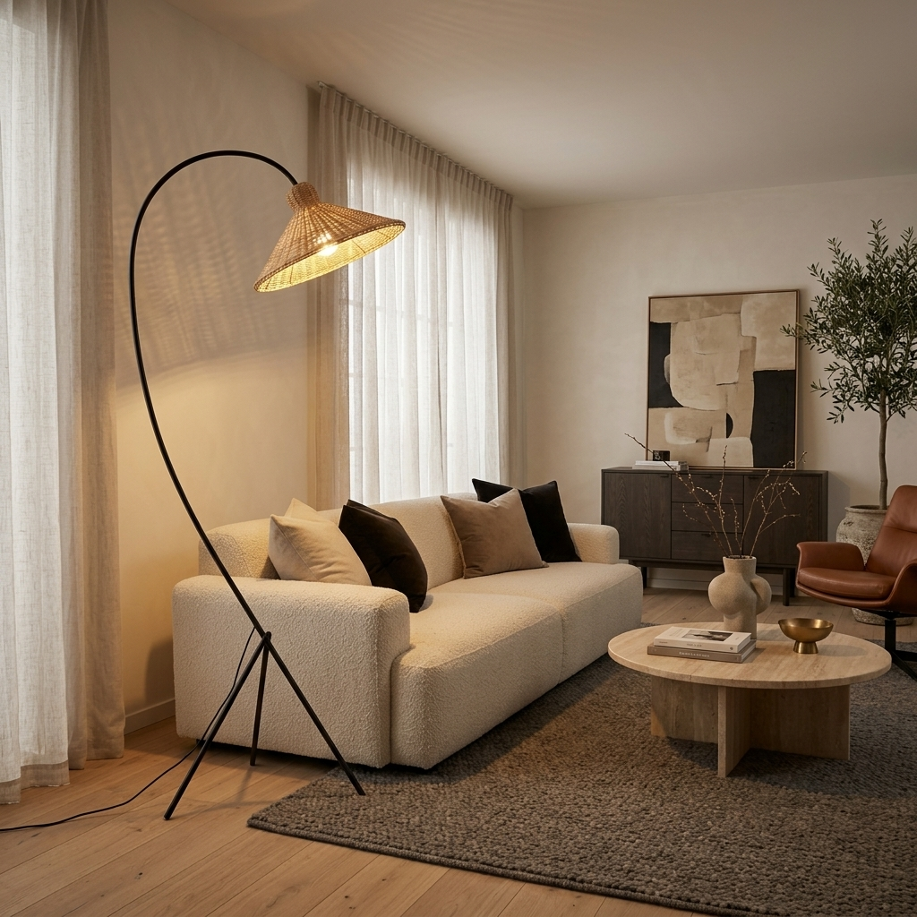 Lampadaire en rotin allumé au-dessus d'un canapé bouclette ivoire dans un salon luxueux