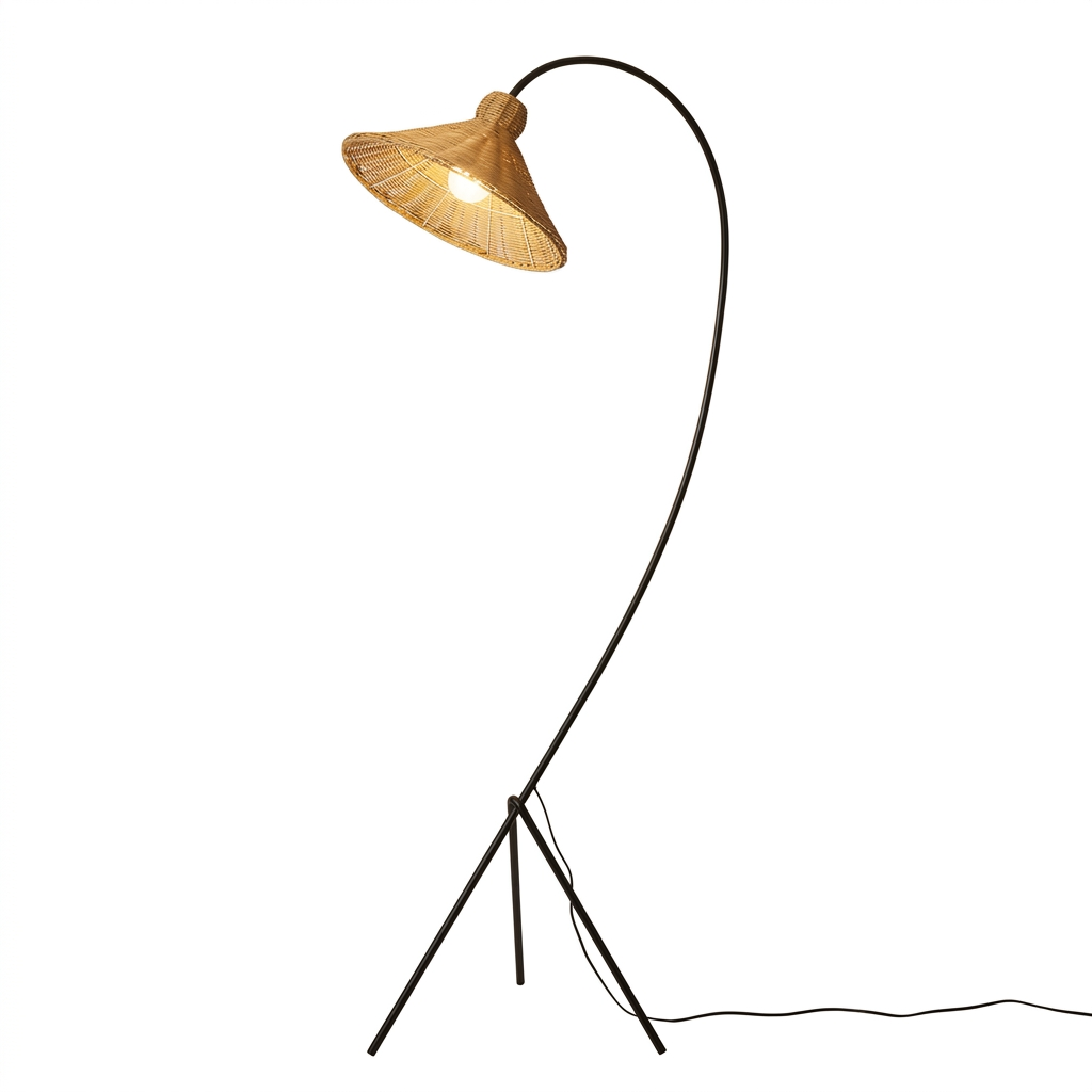Lampadaire en rotin naturel tressé sur trépied en métal noir, sur fond blanc