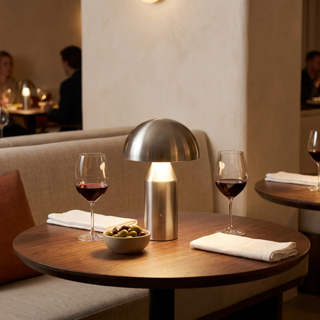 Lampe champignon argentée sans fil allumée sur une table de restaurant en noyer, avec deux verres de vin rouge