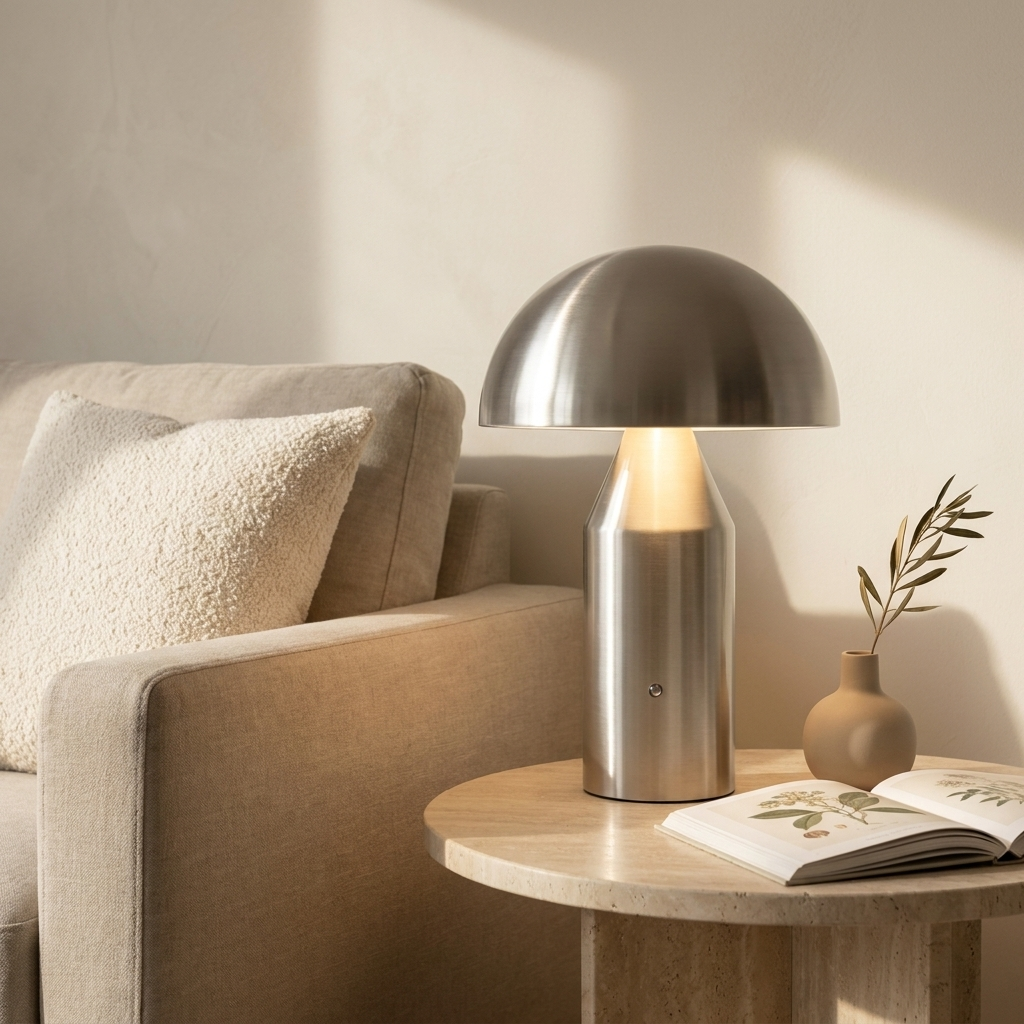 Lampe champignon argentée allumée sur une table d'appoint en travertin, à côté d'un canapé en lin beige
