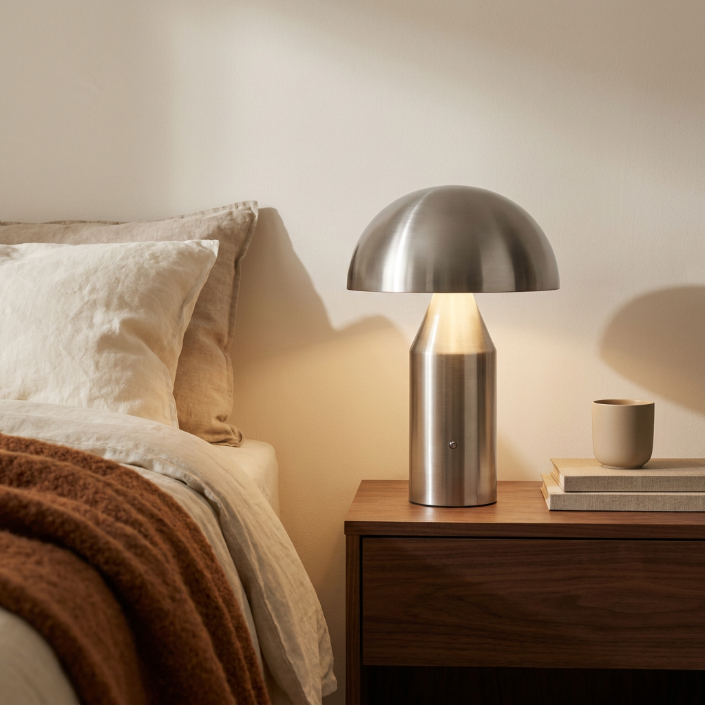 Lampe champignon argentée allumée sur une table de nuit en noyer, à côté d'un lit en lin beige et plaid rouille